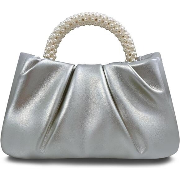 Women Small Pearl Handbags Soft Leather Silver - Picture 1 of 6